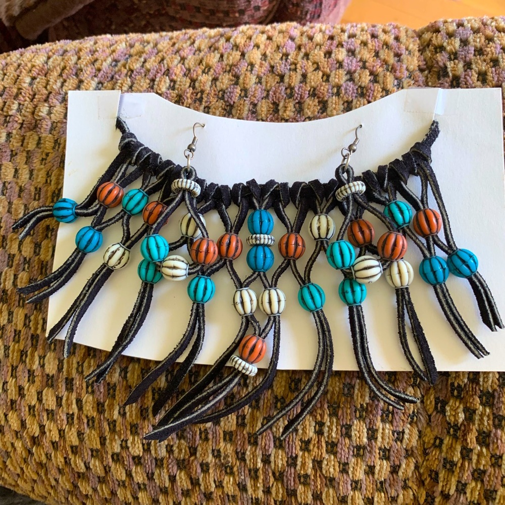 Handmade Choker and Earrings Rawhide and Beads
